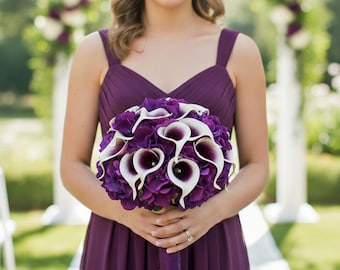 Picasso Calla Lily Purple Hydrangea Bridal Prom Wedding Bouquet - Add Boutonniere Corsage