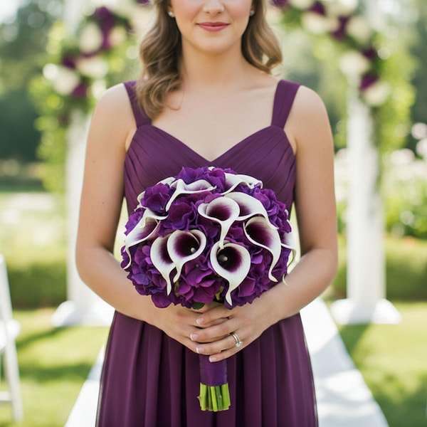 Ramo de novia Picasso con lirios cala morados e hortensias - Añadir boutonniere y ramillete