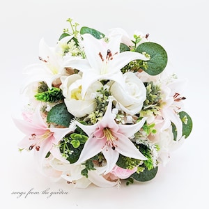 Bridal or Bridesmaid Wedding Prom Bouquet Tiger Lilies Peonies Roses Blush Pink White - Add Groom Boutonniere Arch Flowers Corsage More!
