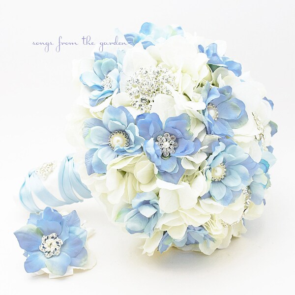 Blue and White Brooches & Blooms Bridal or Bridesmaid Bouquet Boutonniere - Silk Flower Wedding White Blue Bouquet - Add a Boutonniere