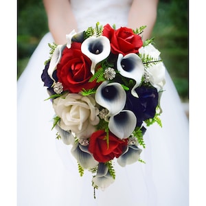 Cascade Bridal Bouquet Navy Blue Callas Real Touch White Navy Red Rose, Rhinestones - Add a Groom Boutonniere Bridesmaid Bouquet & More!