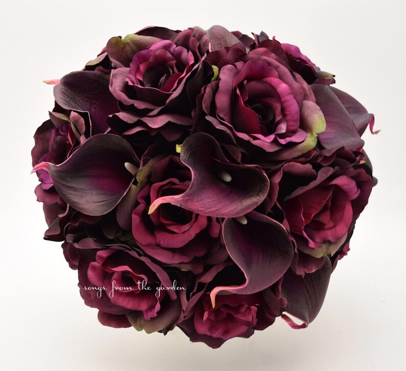 Customize for your Wedding Flower Colors Plum Roses and Calla Lilies Bridal Bouquet Plum White Wedding Bouquet