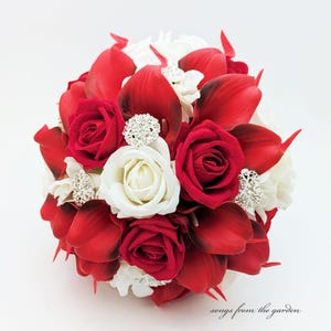 White Roses Red Calla Lily Rhinestone Bridal or Bridesmaid Prom Bouquet - add Groom Boutonniere Flower Crown Wedding Arch Centerpiece & More