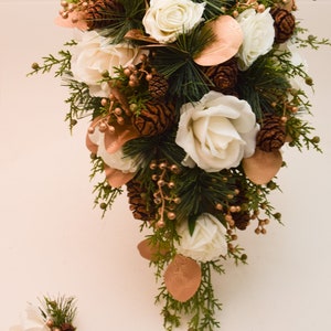 Winter Wedding Bridal Bouquet Evergreens Gold & White Bouquet Eucalyptus Pine Cones Real Touch Roses add a Groom's Boutonniere and More image 6