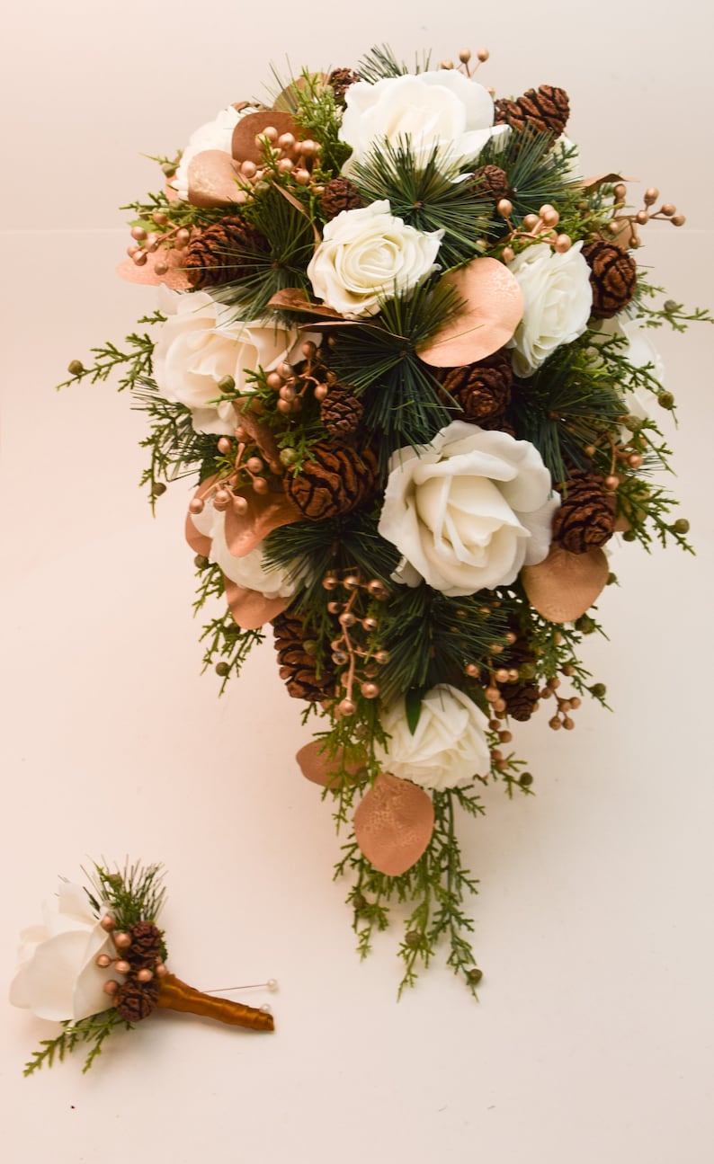 Winter Wedding Bridal Bouquet Evergreens Gold & White Bouquet Eucalyptus Pine Cones Real Touch Roses add a Groom's Boutonniere and More image 6