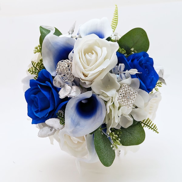 Bridal or Bridesmaid Bouquet Silver Blue White - Picasso Callas White & Royal Blue Roses, Rhinestones - Add Groom's Boutonniere Bridesmaid