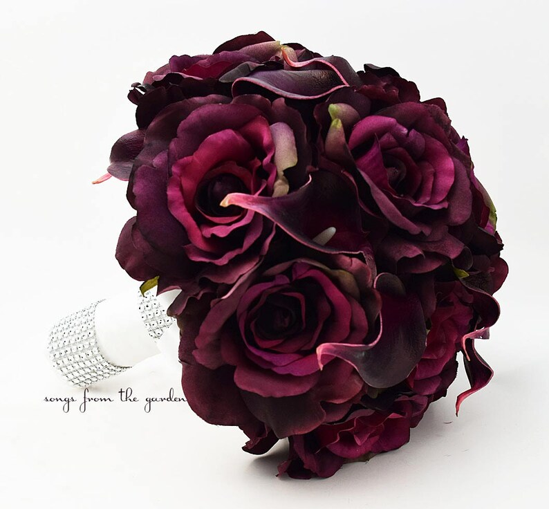 Customize for your Wedding Flower Colors Plum Roses and Calla Lilies Bridal Bouquet Plum White Wedding Bouquet
