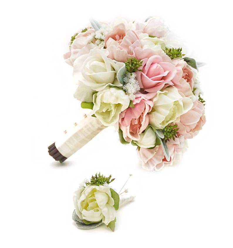 Pink White Peonies & Roses Bridal Bouquet Eucalyptus Greenery - Add Groom Boutonniere Wedding Arch Flowers Centerpiece Corsage and More! 