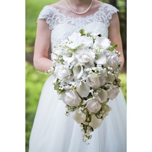 Cascade Bridal Bouquet Real Touch White Callas Artificial Roses Lily of the Valley - White Wedding Bouquet - Add Groom Boutonniere & More!