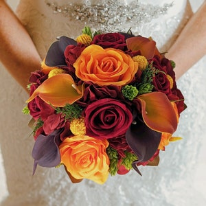 Fall Bridal Bouquet Burgundy Orange Yellow Plum Calla Lilies Roses Add Groom Boutonniere Bridesmaid Bouquet Corsage for Your Wedding Package