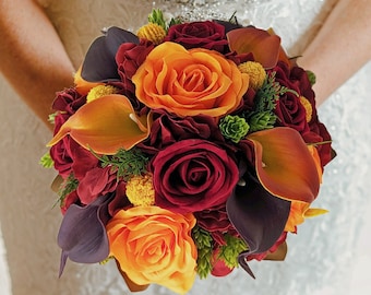 Burnt Orange and Gold Wedding Bouquet Made With Real Touch Roses, Bridal Bouquet, Bridesmaid Bouquet and Matching Boutonnieres and Corsages
