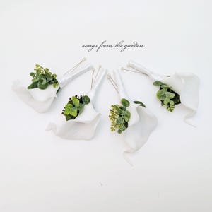 White Real Touch Calla Lily Boutonniere Eucalyptus and Fern Accents - For Your Groom Groomsmen - Wedding Flower Prom Homecoming Boutonniere