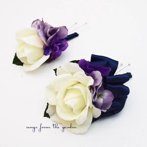 White Lavender Purple Real Touch Rose Wedding Boutonniere Wedding Corsage - Customize for your Colors - Homecoming Prom Corsage