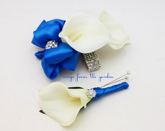 Royal Blue Calla Lily Rhinestone Boutonniere & Corsage Set - Choose Your Ribbon