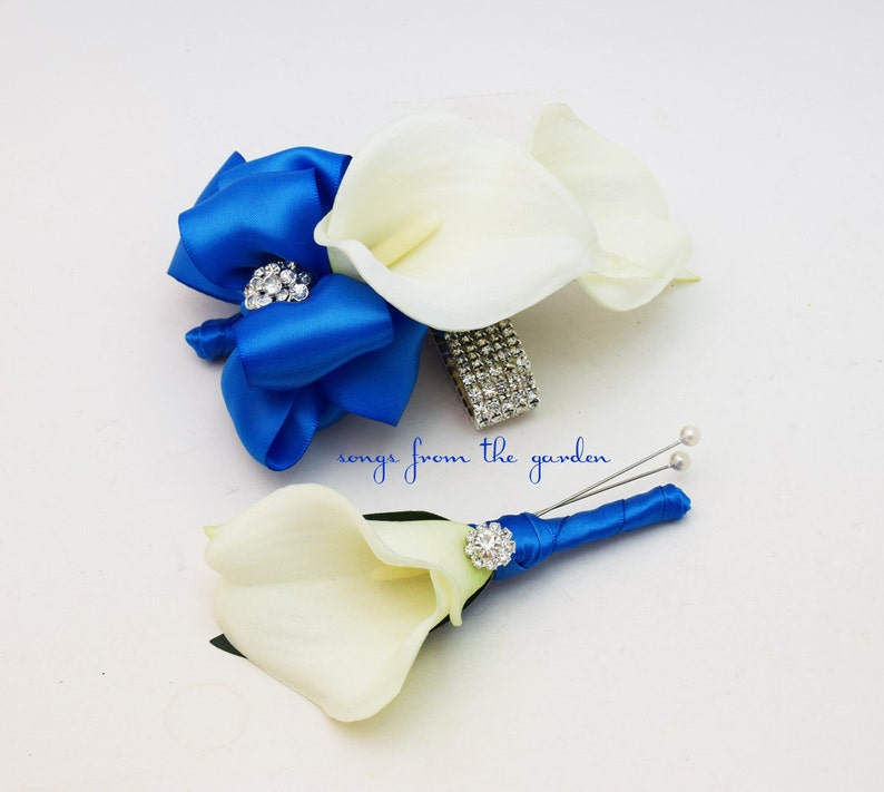 Royal Blue and White Callas and Rhinestones Real Touch Wedding Boutonniere and Corsage - Wedding Homecoming Prom Corsage 