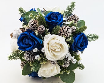 Winter Wedding Bridal Bouquet Navy Silver & White Bouquet Eucalyptus Frosted Pine Cones Roses - add a Groom's Boutonniere and More!