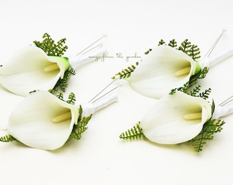 White Real Touch Calla Lily Boutonniere Fern Accents - For Your Groom Groomsmen - Wedding Flower Prom Homecoming Boutonniere