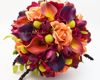 Plum Burnt Orange Calla Lilies Tulips Roses Yellow Craspedia Bridal Bouquet Groom's Boutonniere - Customize for your Wedding Colors