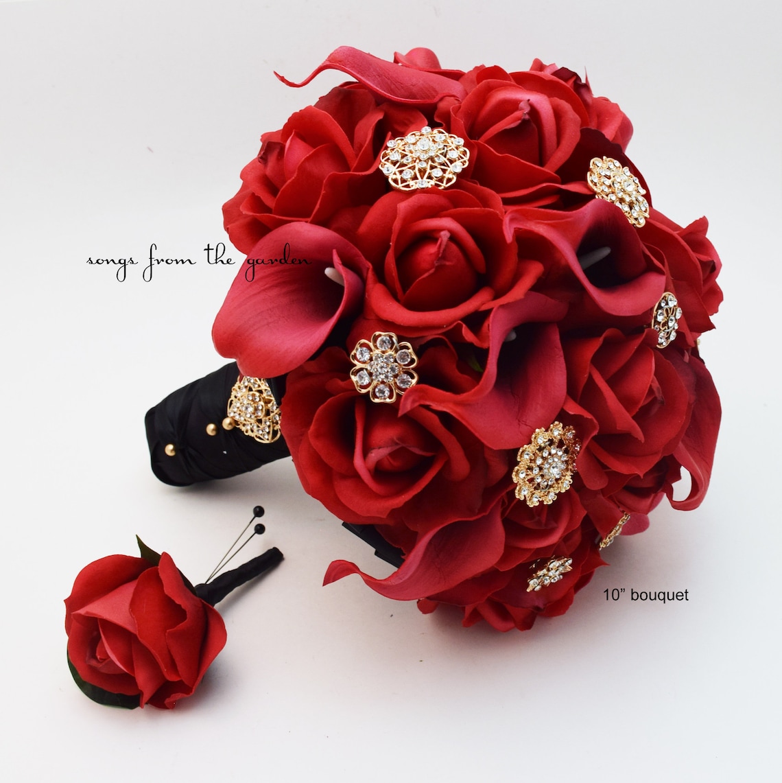 Red Roses Gold Brooches Bridal or Bridesmaid Real Touch Rose 10" bouquet + bout