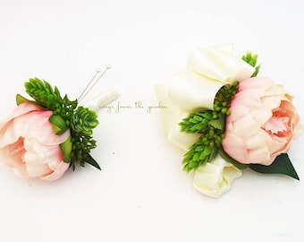 Pink Peony Boutonniere or Corsage - Hops & Eucalyptus Accents -  Groom Groomsmen or Fathers' Boutonnieres Wedding Prom Homecoming Corsage