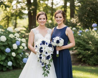 bridesmaid bouquets for navy blue dresses Navy Blue and Burgundy Wedding Colors 2023, Navy Blue Bridesmaid Dresses Burgundy and Greenery Bouquets