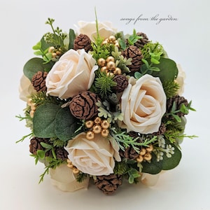 Winter Wedding Bridal Bouquet Evergreens Gold & Ivory Bouquet Eucalyptus Pine Cones - add a Groom&#39;s Boutonniere Corsage Flower Crown More!