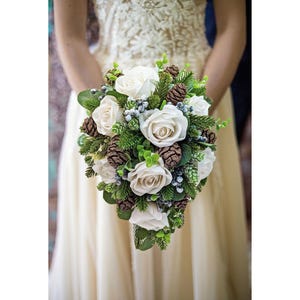 Winter Wedding Cascade Bridal Bouquet Evergreens White Rose Eucalyptus Pine Frosted Berries Cones add Boutonniere Centerpiece Corsage More!