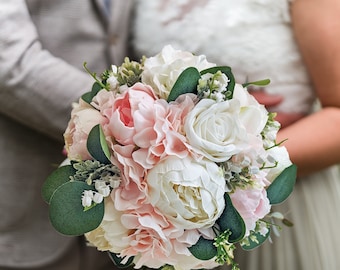 Bridal or Bridesmaid Wedding Bouquet Lily of the Valley Peonies Roses Hydrangea Pink White - Add Groom's Boutonniere Flower Crown and More!