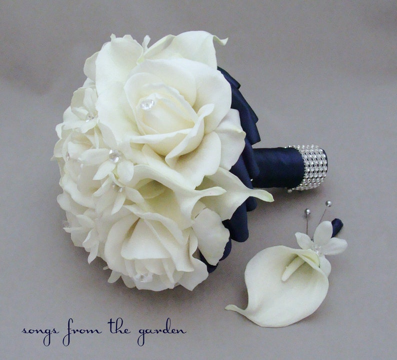Navy White Wedding Flower Package Bridal Bouquet Stephanotis Etsy