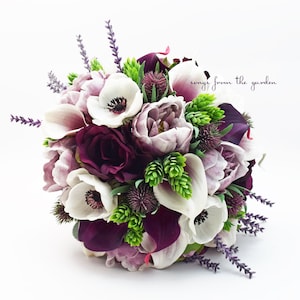 Bridal or Bridesmaid Bouquet Anemones Lavender Peonies Plum Roses Callas - Add a Groom or Groomsman Boutonniere or Arch Flowers and More!