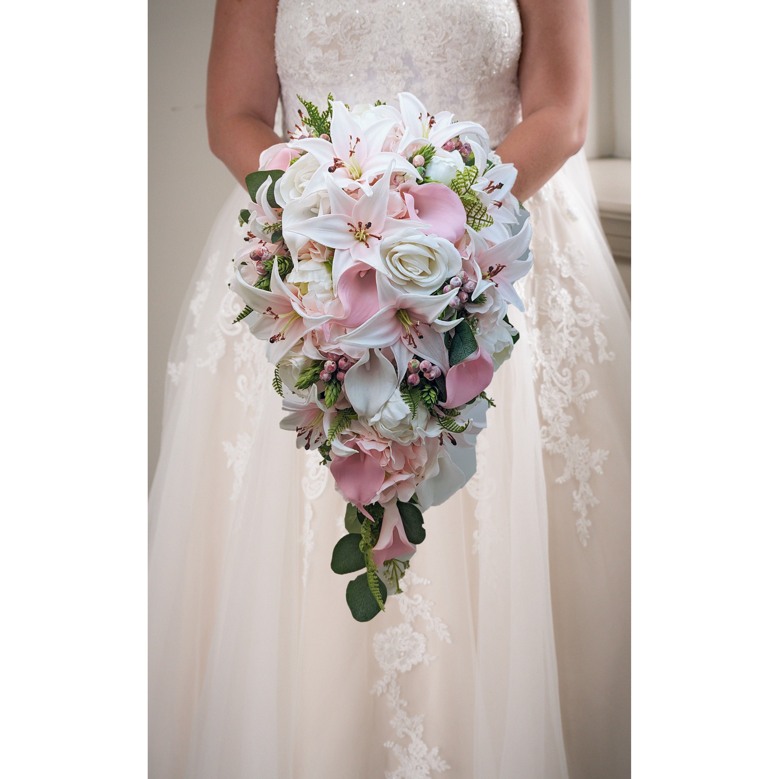 Cascade Bridal Bouquet Blush Tiger Lily Pink Roses Peonies
