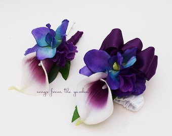 Blue Galaxy Orchid Real Touch Purple Picasso Calla Lily Boutonniere Or Corsage Tropical Wedding Flowers  - Beach Wedding Prom Homecoming