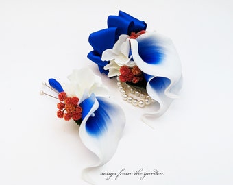 Real Touch Royal Blue Calla Orange Baby's Breath - Boutonniere or Corsage - Customize for Your Wedding Colors - Wedding Prom Homecoming