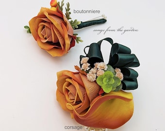 Terracotta Rose Corsage & Boutonniere Set – Orange Prom Wedding Flowers