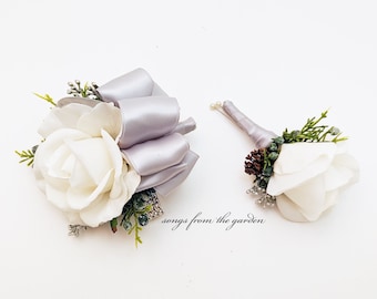 Winter Boutonniere or Corsage  - Silver White Real Touch Rose Pinecone Evergreen Babys Breath Accents - Wedding Prom Homecoming Boutonniere