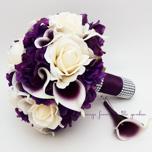 Purple Bridal or Bridesmaid Bouquet Real Touch Callas Ivory Roses ...