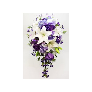 Cascade Bridal Bouquet Real Touch Purple Roses Real Touch Lilies Lavender Hydrangea - Add a Groom's Boutonniere Bridesmaid Bouquet and More!