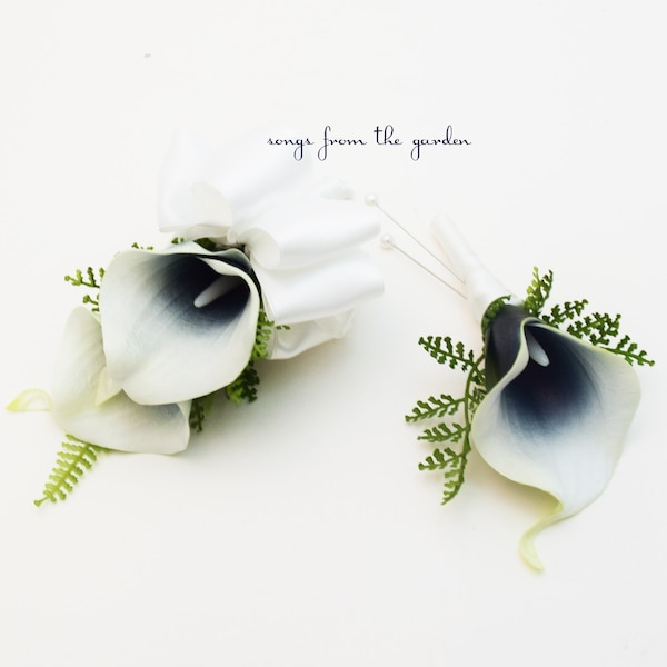 Marine-weiße Calla-Lilien-Corsage-Boutonniere - Abschlussball-Heimkehr-Hochzeits-Set