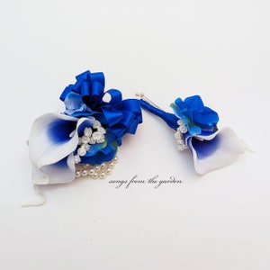 Real Touch Royal Blue Picasso Calla Boutonniere or Corsage Customize for Your Wedding Colors Wedding Prom Boutonniere and Corsage image 2