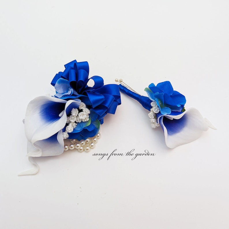 Real Touch Royal Blue Picasso Calla Boutonniere or Corsage Customize for Your Wedding Colors Wedding Prom Boutonniere and Corsage image 2