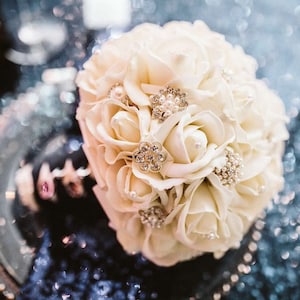 Real Touch Rose Bridal or Bridesmaid Bouquet Prom Roses Rhinestones Brooches - add Groom or Groomsmen Boutonniere Flower Crown Cake Flowers
