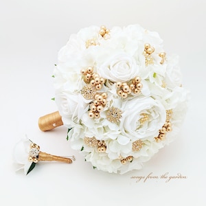 White Roses Gold Brooches Berries Bridal or Bridesmaid Bouquet Prom Bouquet add Groom or Groomsmen Boutonniere Corsage Cake Flowers More!