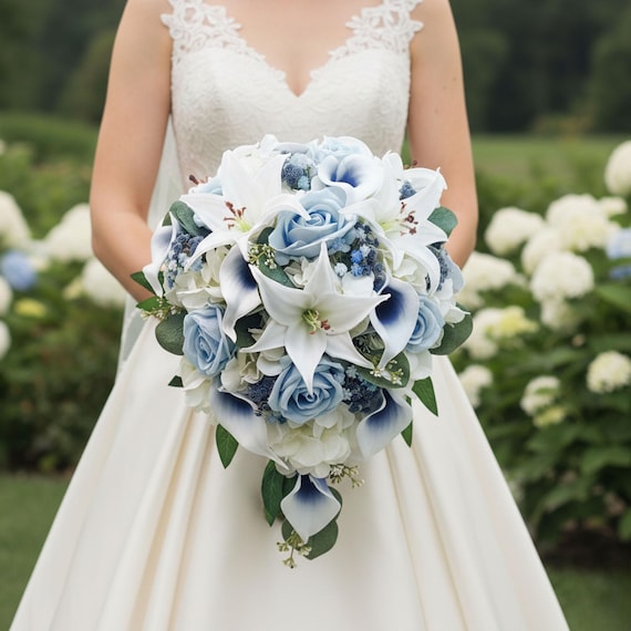 Cascade Bridal Prom Bouquet White Light Blue Navy - Add Bridesmaid Flowers  Boutonniere Corsage More - Etsy