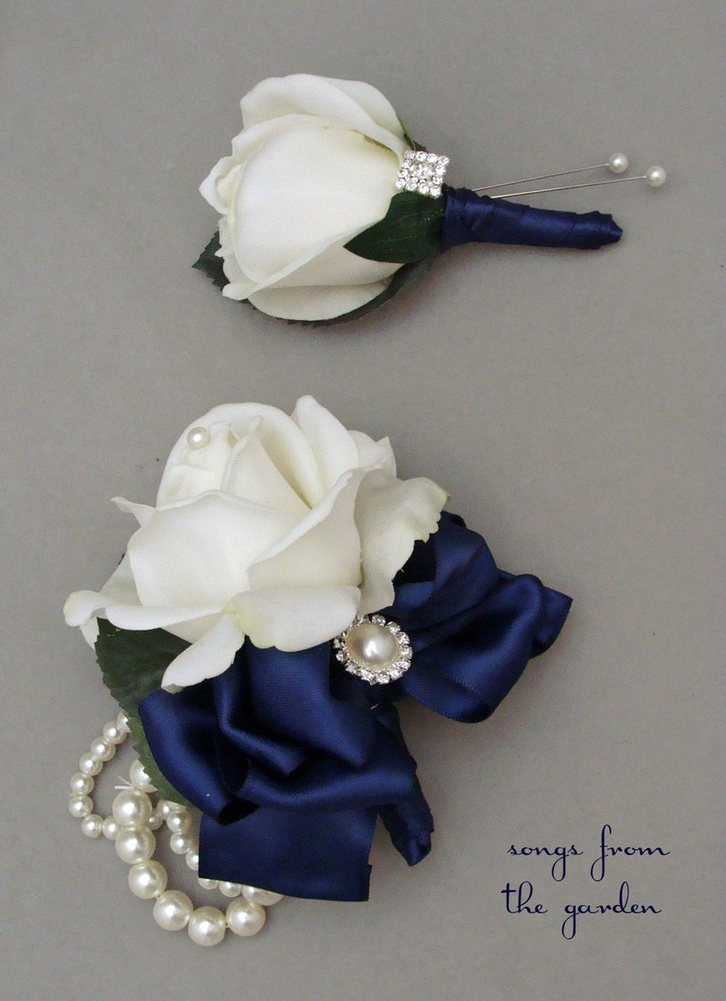 White Navy Real Touch Rose Wedding Boutonniere & Corsage with Rhinestone Pearl Accents Mother of the Bride Prom Homecoming Corsage image 3