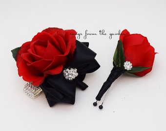 Red Rose Corsage or Boutonniere with Rhinestones - Real Touch Rose Wedding Boutonniere Corsage Homecoming or Prom Corsage