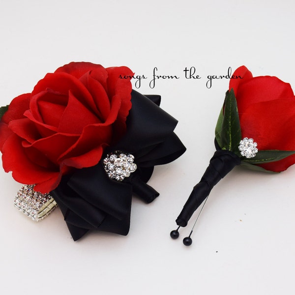 Red Rose Corsage or Boutionniere with Rhinestones - Real Touch Rose Wedding Boutonniere Corsage Homecoming or Prom Corsage