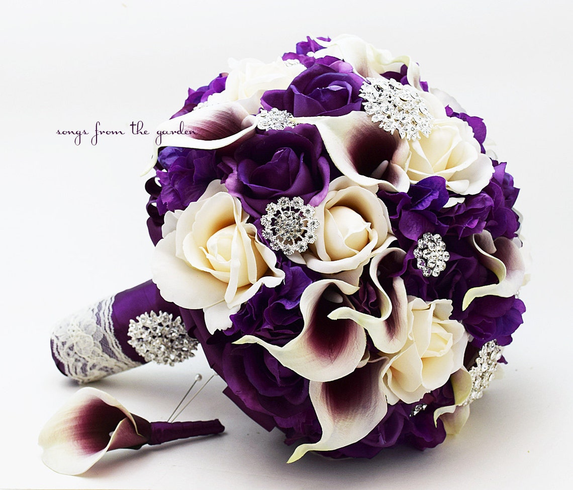 Bridal Bridesmaid Bouquet Real Touch Callas Purple Ivory Roses image 1