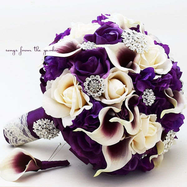 Bridal Bridesmaid Bouquet Real Touch Callas Purple Ivory Roses Rhinestones Purple Hydrangea - add Groom Groomsmen Boutonniere - Prom Bouquet