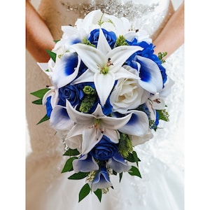 Cascade Bridal Bouquet Blue White - Picasso Callas Royal Blue Roses White Tiger Lilies - Add Groom&#39;s Boutonniere Bridesmaid Bouquet & More!