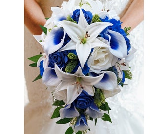 Cascade Bridal Bouquet Silver Blue White - Picasso Callas Real Touch Royal Blue Roses, Rhinestones - Add Groom's Boutonniere Bridesmaid